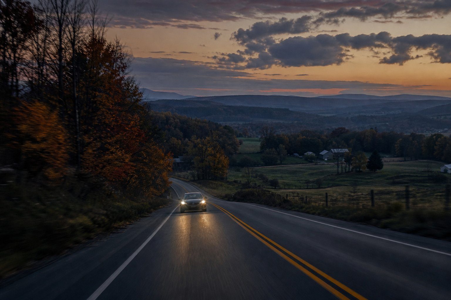 A car on a rural highway at dusk in upstate New York